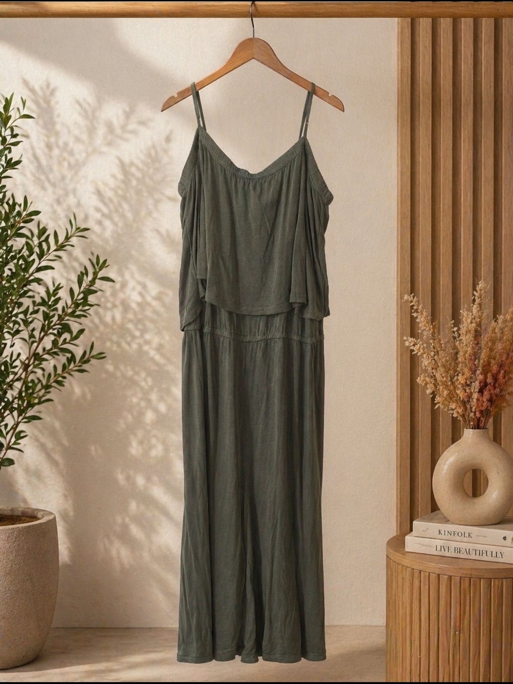 VENUS Olive Green Sleeveless Wide-Leg Jumpsuit